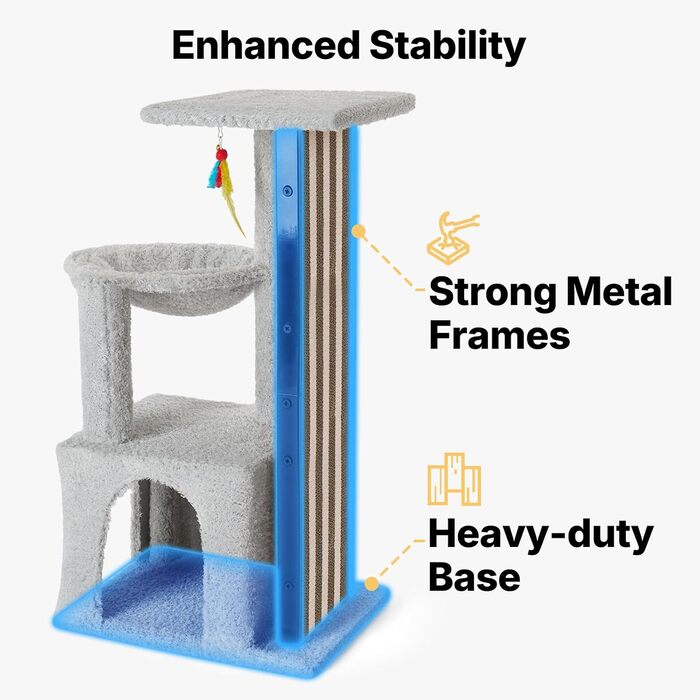 Кігтеточка Veehoo для котів, 90 см, сіра. Багатоярусна, стабільна, для дому. Ідеально для лазіння, ігор та відпочинку. Розміри: 44 x 34 x 90 см