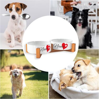 Персоналізований годівниця для собак OWLBOOK Herz з іменем, керамічний подвійний набір, бамбуковий каркас, 300 мл