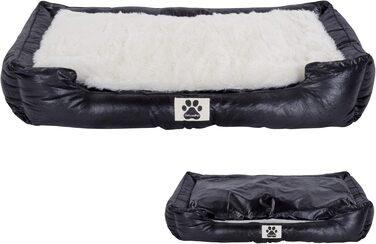 Крісло-ліжко для собак DeluxePet 'Schlummer' чорного кольору 100x70 см з штучної шкіри, 2в1 з двостороннім подушкою, для великих собак, з хутряною та шкіряною стороною, м'яке наповнення, антиковзаюча підкладка, розмір 100 x 70 см (середній)