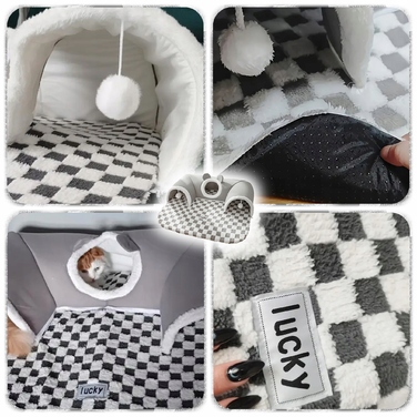 Плюшеве ліжко-шахівниця для котів з тунелем 2в1, сіре, розмір XL 86x70x26 см