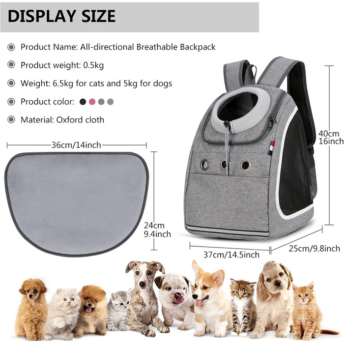 PETCUTE Рюкзак для собак та котів - переноска для маленьких тварин, сірий, для подорожей, кемпінгу та прогулянок