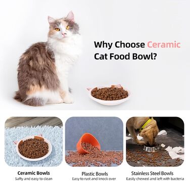 Набір мисок для котячого корму та води з кераміки, 3 шт. - здоровий вибір для сухого та вологого корму. Широкі, плоскі миски для котів, що зменшують дискомфорт від вусів, з неслизьким дном.