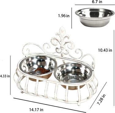 Підвищені годівниці для собак та котів, подвійні миски з нержавіючої сталі, годівниця для домашніх тварин з металевим стійкою Fleur de Lis (антична білизна), біла еліпс