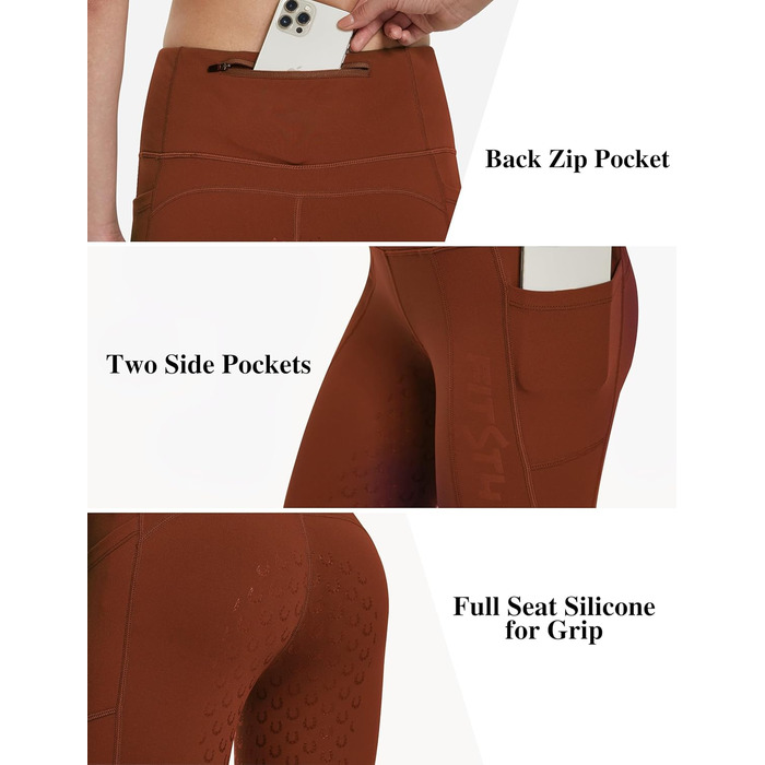 Легінси для верхової їзди зимові жіночі FitsT4 з силіконовим повним покриттям, флісовою підкладкою, кишенею для телефону та петлями для ременя (M, Іржаний)