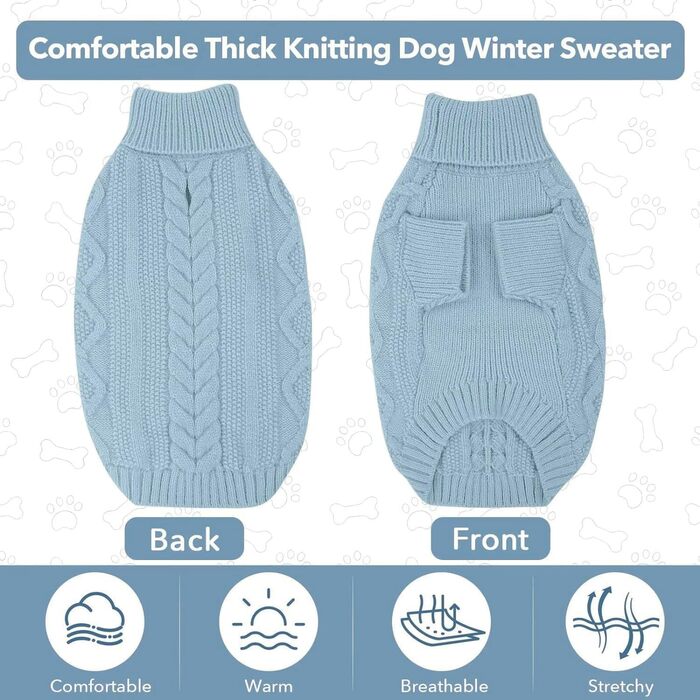 Теплий зимовий светр для собак Lelepet з коміром-горловиною, блакитний, розмір M