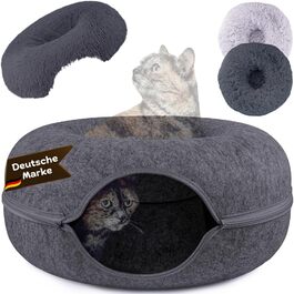 Samtkönig® Котяча лежанка-домік з фетру, тунель-донат 60x60x30 см, м'яке ліжко для котів з знімним чохлом, пухка лежанка для котів, тунель для ігор та сну