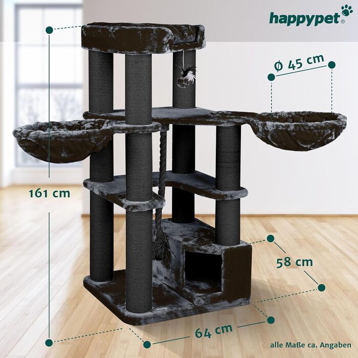 Дерев'яний котячий комплекс HAPPYPET Oscar 161 см для великих котів, преміум когтеточка 47 кг, стовпи 12 см, для мейн-кунів, 600 г плюшу, антрацит