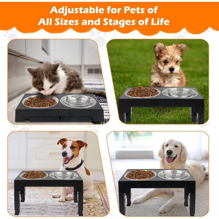 Підвищена годівниця для собак та котів, регульована висота, з нержавіючої сталі, 2 миски, чорна
