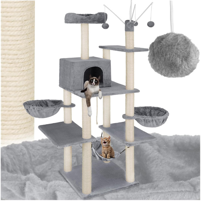 Дерево для котів tectake® XXL, велике, з лежаками, гамаком, будиночком, іграшками, мотузкою, стовпчиком для шліфування, чорний (сірий) - 165 см