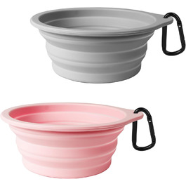 Складні миски для собак PetBonus, 2 шт. Силіконові дорожні миски для води та їжі для собак та котів, з карабіном (Сірий, Кремово-рожевий), 1000 мл