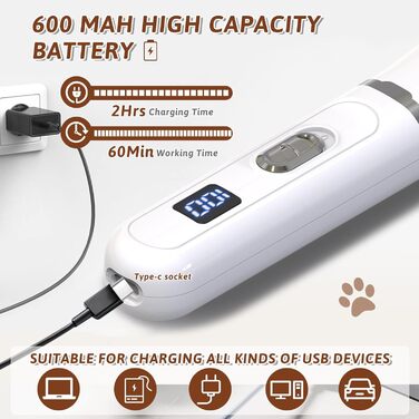 Машинка для стрижки собак, триммер для лап, шліфувальник лап для собак, триммер для лап собак з LED, машинка для стрижки шерсті собак та котів, для тіла (білий, рожевий)