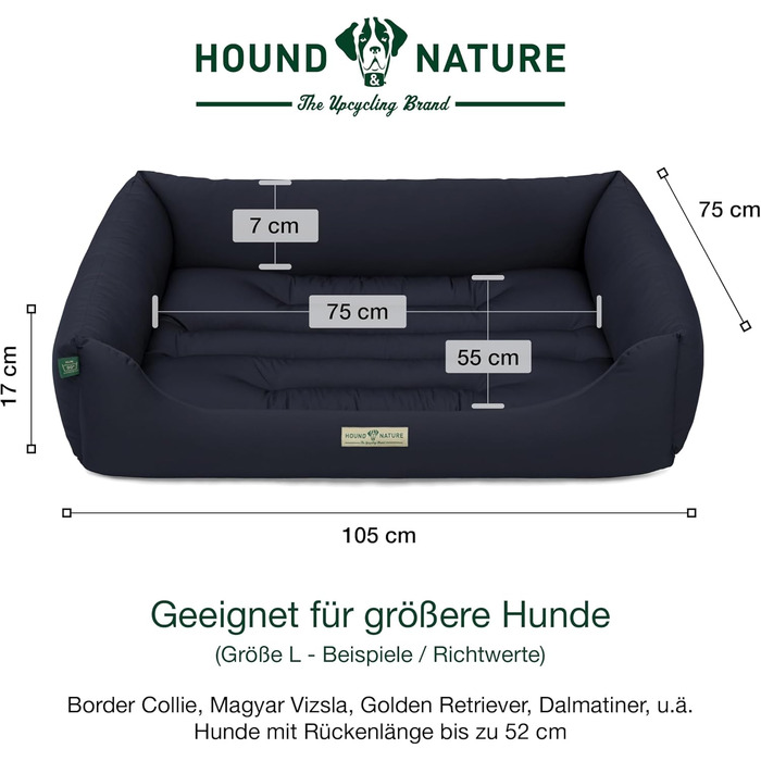 Екологічне м'яке ліжко для собак HOUND & NATURE Bern, розмір L, для великих порід, темно-синє, двостороння подушка, пране