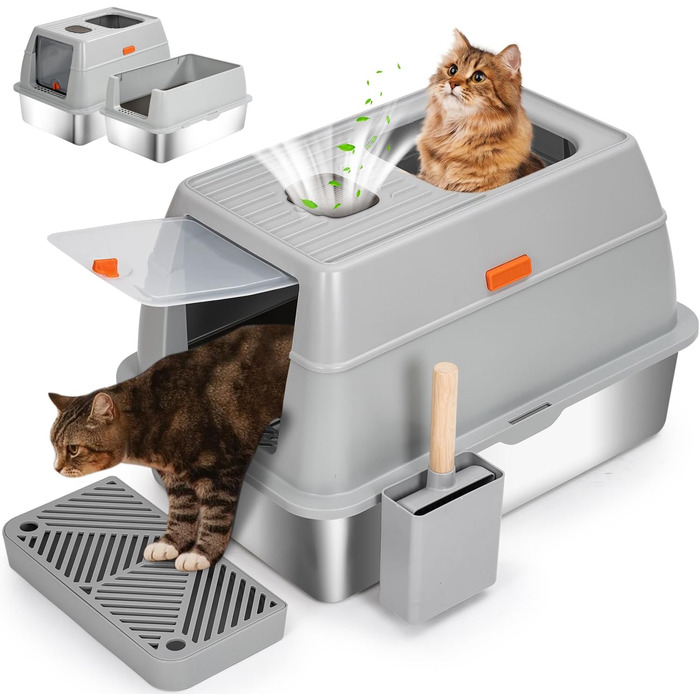 Лоток для котів з нержавіючої сталі KMNSUN XXL з кришкою, дезодоруючий, 61×41×40 см, з совком і педалями, легке очищення