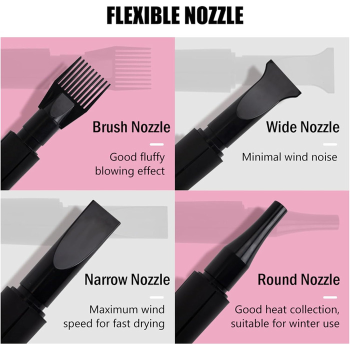 Фен для собак, 2800W, тихий, регульована швидкість та температура, 4 насадки (рожевий)