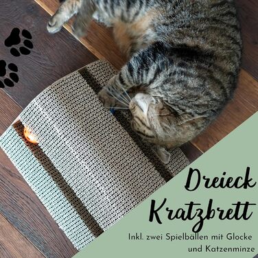 Іграшка для котів Fellou з дзвіночком та котячою м'ятою, когтеточка-панель з антиковзкими ніжками та котячою м'ятою, іграшка-трикутник для котів (2 м'ячики)