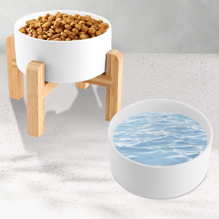 Набір керамічних мисок для собак Oungy 2 шт. з підставкою з бамбука, антиковзаючі, 850 мл, білі. Підходять для собак та котів