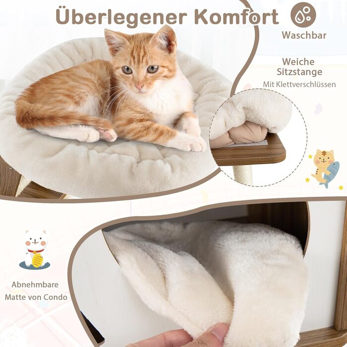 Дерев'яний котячий комплекс COSTWAY 145см, серія Badminton, з гамаком та 2 будиночками, сходинками, великий, з сизалевими стовпчиками, активний, коричневий+натуральний колір