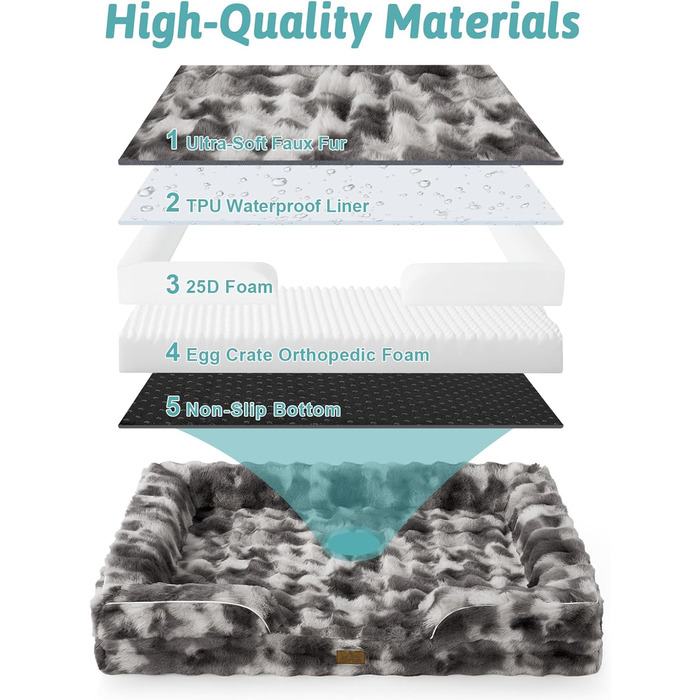 Ортопедичне ліжко для собак з штучного хутра, великі породи, C-подібне ліжко XL сірого кольору Tie-Dye, м'яке, тепле, з водонепроникним покриттям, антиковзаюче, з високощільним пінополіуретаном, миється