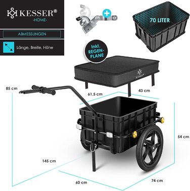 Причіп для велосипеда KESSER®: вантажний, ручний, з кутом висоти, об'єм 70 літрів (2 ящики для пива), чорний