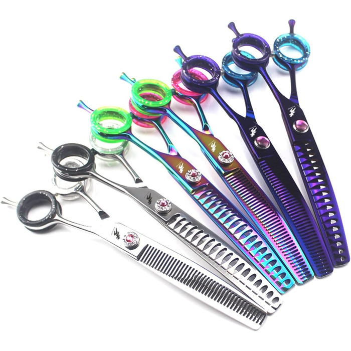 Професійна витончена ножиці для грумінгу собак 7 дюймів, 440C сталь, витончена клинка, для розрідження шерсті, 45% розрідження, кольоровий дизайн 'Райдужна рибка'