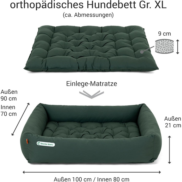 Ортопедичне ліжко для собак Doctor Bark - велике (XL, 100x90 см, зелене) з м'якою підстилкою, миється до 95°C, гігієнічне