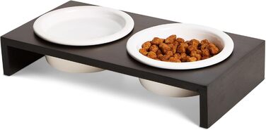 Підвищена годівниця для котів PETLINUS: керамічна та дерев'яна, для котів та маленьких собак (чорна)