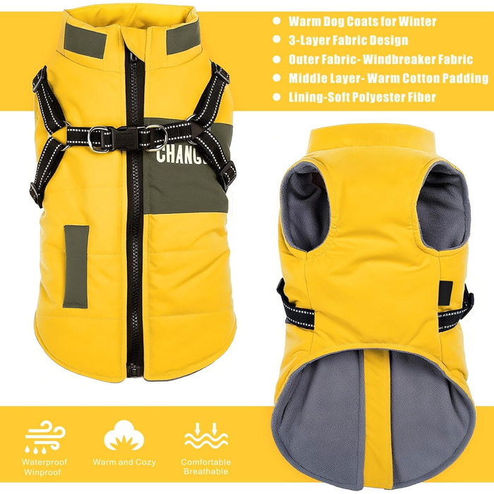 Зимова куртка для собак, вантажний бренд Ware, світловідбиваюча, водонепроникна жилетка для цуценят, тепла, з шлейкою для собак малих та середніх розмірів (XXL, жовта)