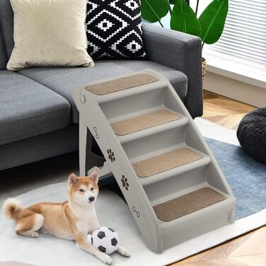 Сходинка для домашніх тварин GYMAX з 4 сходинками, складана, з пластику, з антиковзкими накладками, 4 килимки, трикутна структура, допомога у підйомі для котів та собак (Сірий)