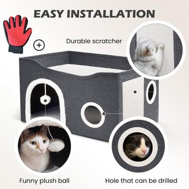 Складаний котячий будиночок B-WaynFlex, двошарова кубічна котяча хатка з великим простором, лежанка для котів з кігтеточкою та іграшковим м’ячем, для малих і середніх домашніх тварин, для дому, з рукавичкою для догляду за шерстю котів і собак