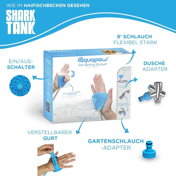 Насадка для миття та душу для собак Aquapaw | Швидке та легке миття, масаж та догляд за тваринами в приміщенні та на вулиці | Включає шланг та скребок для собак - блакитний