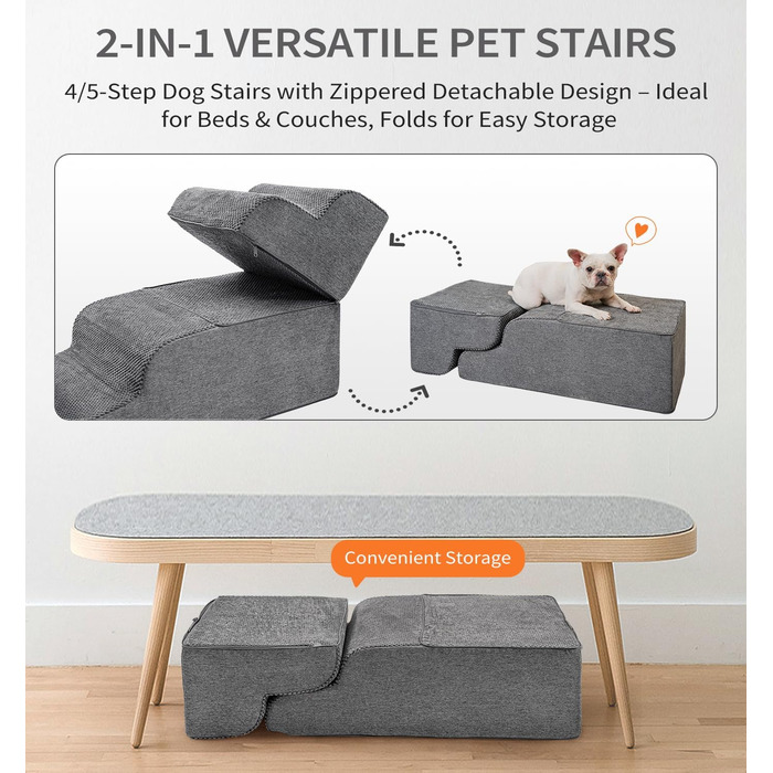 Сходи-рампа для собак Made4Pets, 4-ступінчасті, з 35D піни, для ліжка, дивана, килимка, для малих собак і котів, протиковзкі, сірі