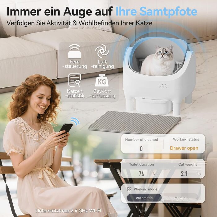 Автоматичний лоток для котів з самоочищенням, керуванням через додаток, великий розмір XXL, для великих котів (до 15 кг) та кількох котів, самоочищення на 15 днів