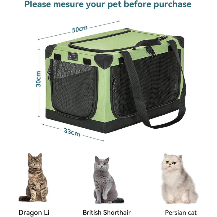 Складана транспортна сумка Petsfit для собак і котів XS, зелена, для подорожей та авто, міцна тканина, регульований чохол, посилені шви