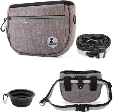 Сумка для ласощів для собак, з інтегрованим мисником, для зручного перенесення іграшок та ласощів, поясна сумка для дресирування, 4 способи носіння (сіра)