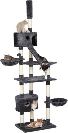 Yaheetech Котячий дряпак XXL, регульований, 228-255 см, 2 будиночки, кошик, сизаль, темно-сірий