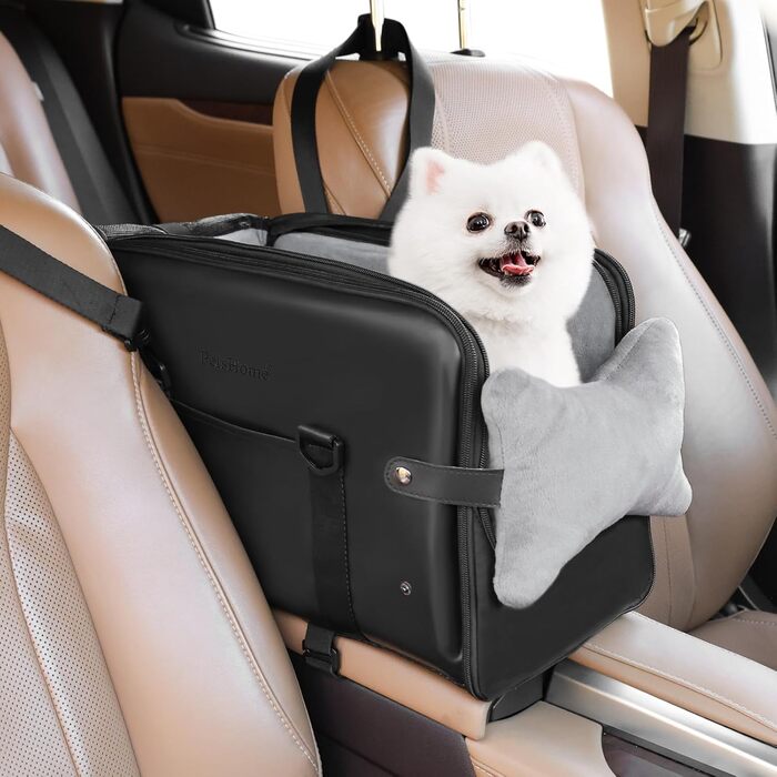 Автокрісло для маленьких собак PetsHome, преміум PU-шкіра, портативне, подвійне кріплення, кишені, м'яка подушка, страхувальний повідець, чорне