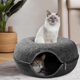 Лежак-донат PAWSAGE XXL для котів, 60x60x28 см, темно-сірий, м'який антистресовий тунель-будиночок для котів, флісовий затишний кошик