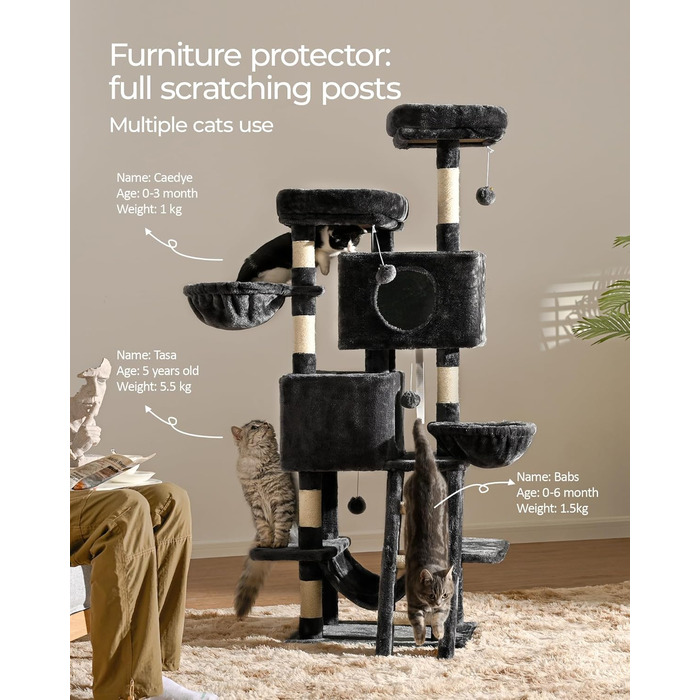 Дерево для котів FourFurPets 160 см, сірий, з двома платформами, двома будиночками, двома кошиками, гамаком, ігровими м'ячиками, сизалевими сходами