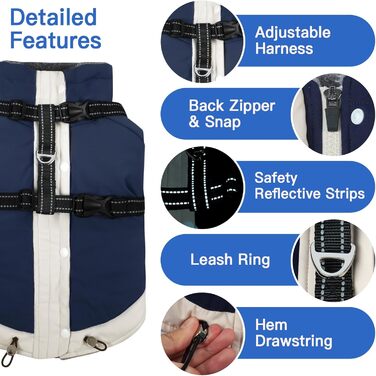 Зимовий теплий куртка для собак з інтегрованим повідком, водонепроникний, з відбиваючими елементами, для холодної погоди та снігу, рожевий/темно-синій, XS/XXL