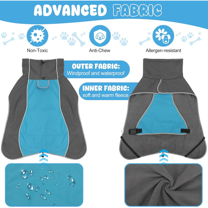Водонепроникна куртка для собак, світловідбиваюча, вітронепроникна, тепла зимова куртка з м'яким флісовим підкладкою для маленьких та великих собак, для активного відпочинку на природі, кемпінгу та походів у холодну погоду, блакитна, XL (довжина спини: 60