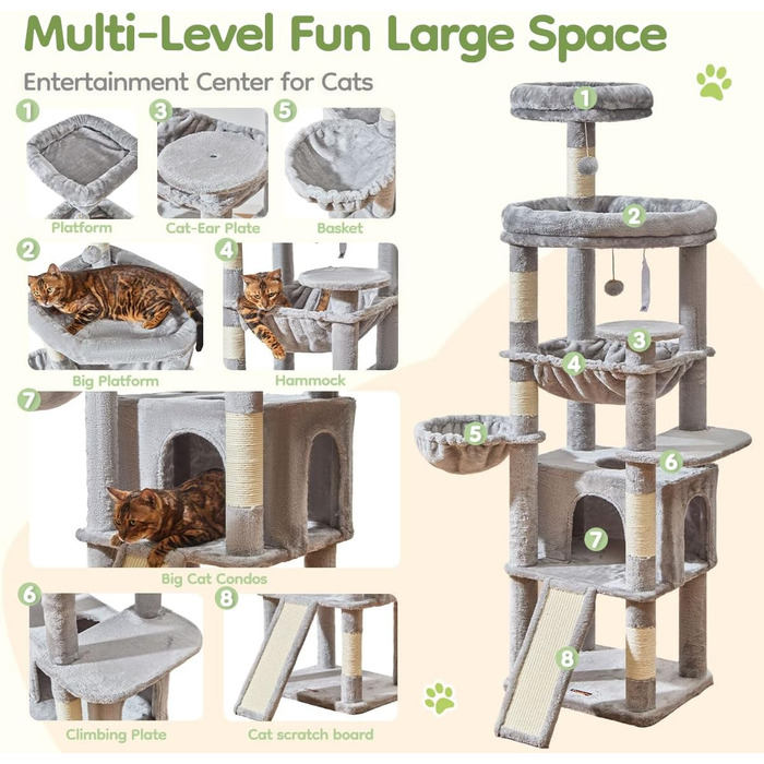 Дерево для котів Taoqimiao 183 см, велике XXL, з будиночком, гамаком, стійке, сірого кольору MS045W