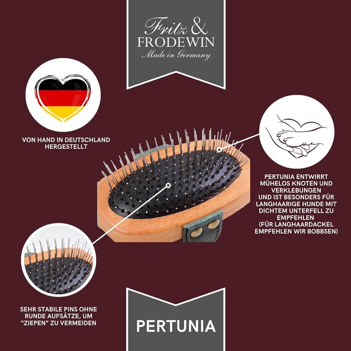Щітка для собак з довгим волоссям Fritz & Frodewin Pertunia | Преміум-щітка для догляду за шерстю | З натурального дерева та шкіряного ремінця | Зроблено в Німеччині