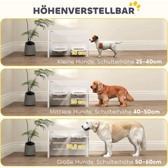 Підвищений годівниця для собак PawHut з регулюванням висоти, антизатримкова підстилка, 2 x 1000 мл, повільна годівниця, годівнича станція для середніх собак та котів, білий