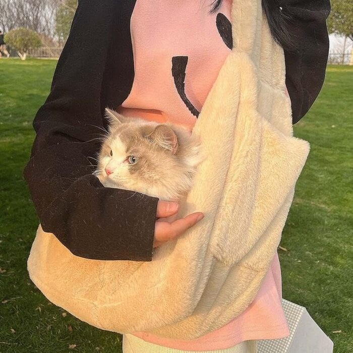 Трансформер для цуценят, плюшевий, теплий, для маленьких собак та котів, до 5 кг, м'який, зручний, звільняє руки, переноска для тварин, переноска для котів, переноска, широкий плечовий ремінь, портативна, бежевий