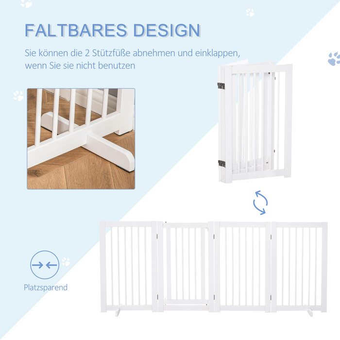 PawHut Barrier Dog 4 частини, 220 x 91 см складні ворота з дверима, окремо стоячі ворота для собак з 2 опорними ніжками, дерев'яні сходові ворота для передпокою, кухні, сходів, білі | Аосом