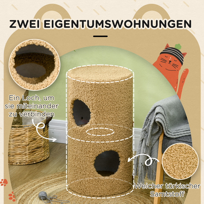 PawHut Scratching Barrel Bear Design 2 яруси 2 печери з поверхнею для дряпання з сизалю Φ35 x 66 см Світло-коричневий для котячих меблів та розваг