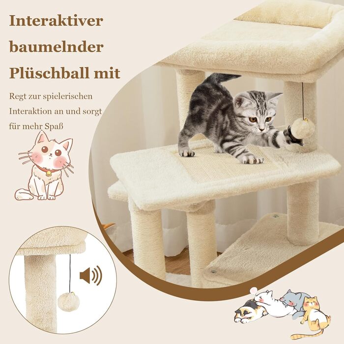 Дерев'яний кігтеточка для котів Costway 85 см з будиночком, м'яким сидінням та іграшкою, бежевий