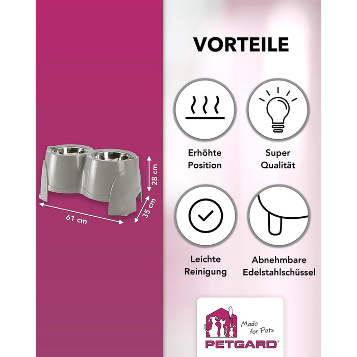 PETGARD Станція годування для собак з нержавіючої сталі - набір мисок - годівниця для собак Преміум класу - 61 x 35 x 28 см - об'єм 2 x 1500 мл