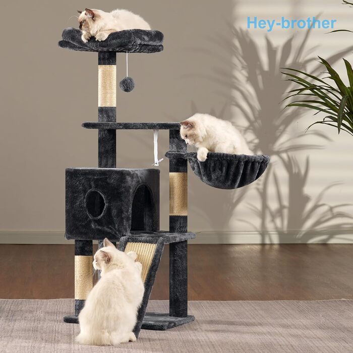 Котячий будиночок Hey-brother Kratzbaum 108 см: багатоярусний котячий комплекс з когтеточками, будиночком, гамаком та іграшками, кольори: рудий/чорний, MPJ007SBR (димно-сірий)