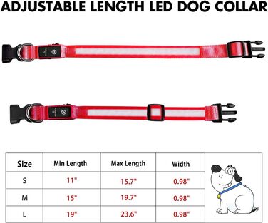 Світловідбиваючий нашийник для собак ASBRILL з LED-підсвічуванням, USB-C, водонепроникний, регульований, 3 режими світла, для собак малого, середнього та великого розміру (L, ЧЕРВОНИЙ)